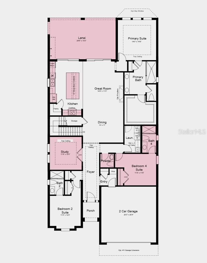 First Floor Plan - Additional Highlights Include: Impact windows, tray ceiling pkg, 8' interior doors, metal stair rails, French doors at study, and o