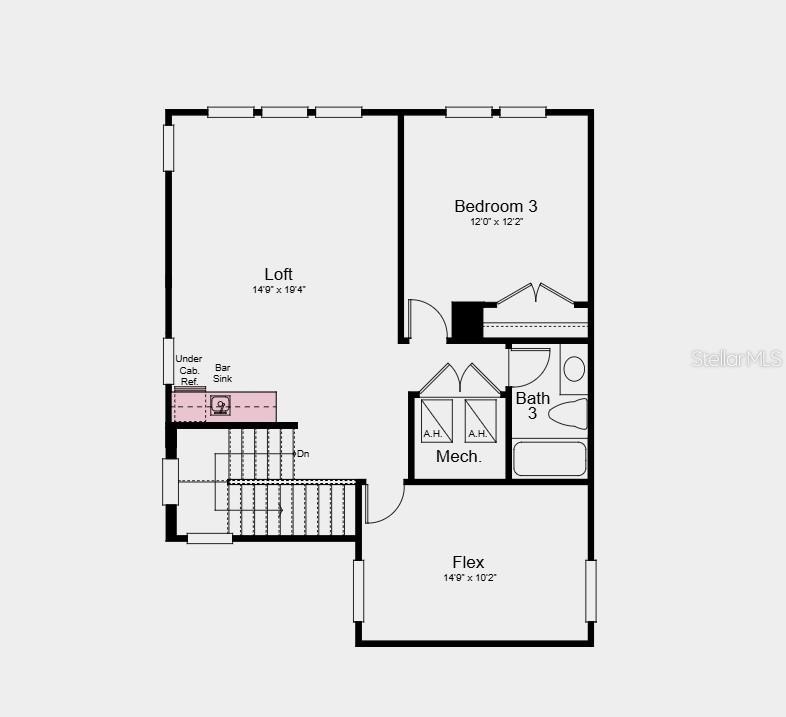 Second Floor Plan - Additional Highlights Include: Impact windows, tray ceiling pkg, 8' interior doors, metal stair rails, French doors at study, and 