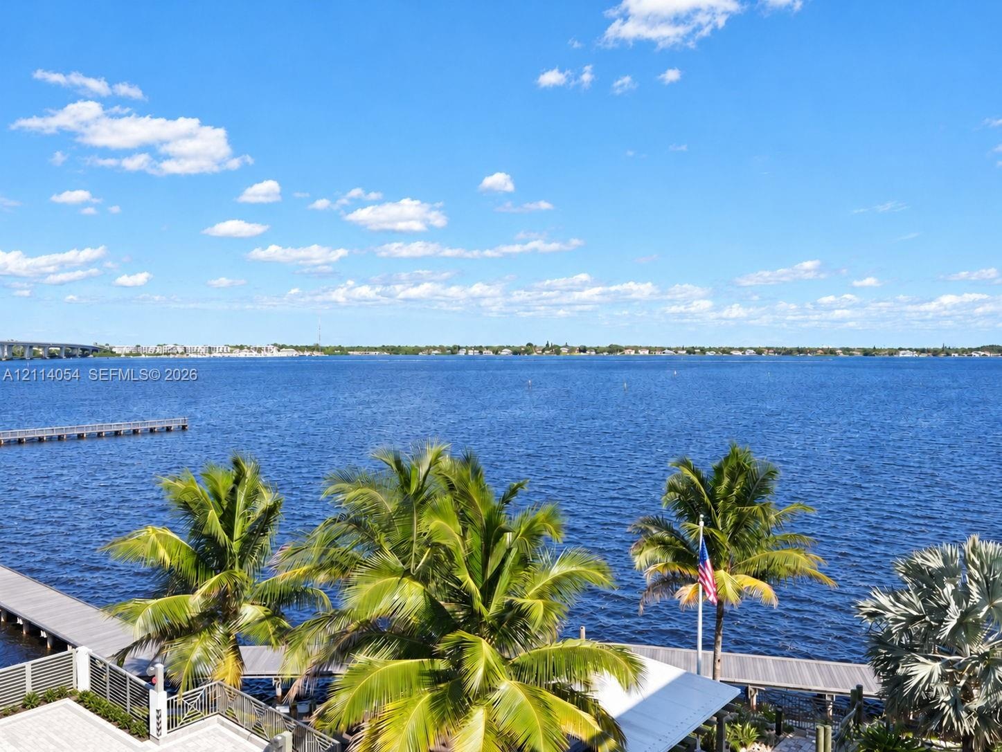 Waterfront property featuring a private dock, expansive deck, and mature palm trees