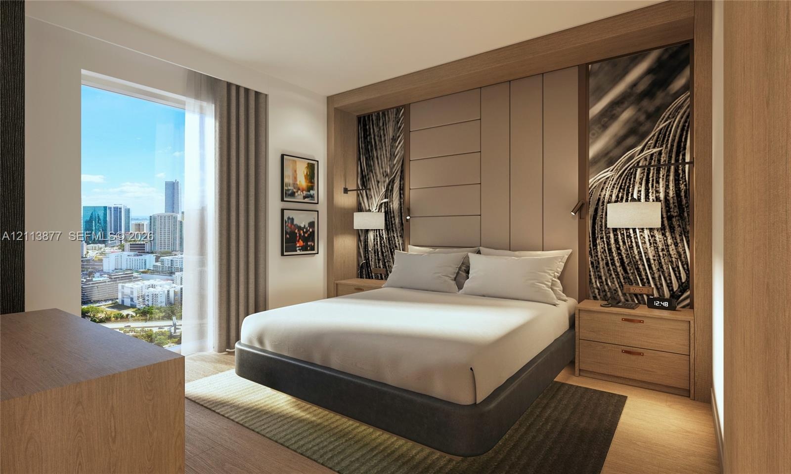 Custom wood-paneled headboard wall with integrated accent lighting, floor-to-ceiling window, built-in wooden nightstands, and wood-finish flooring