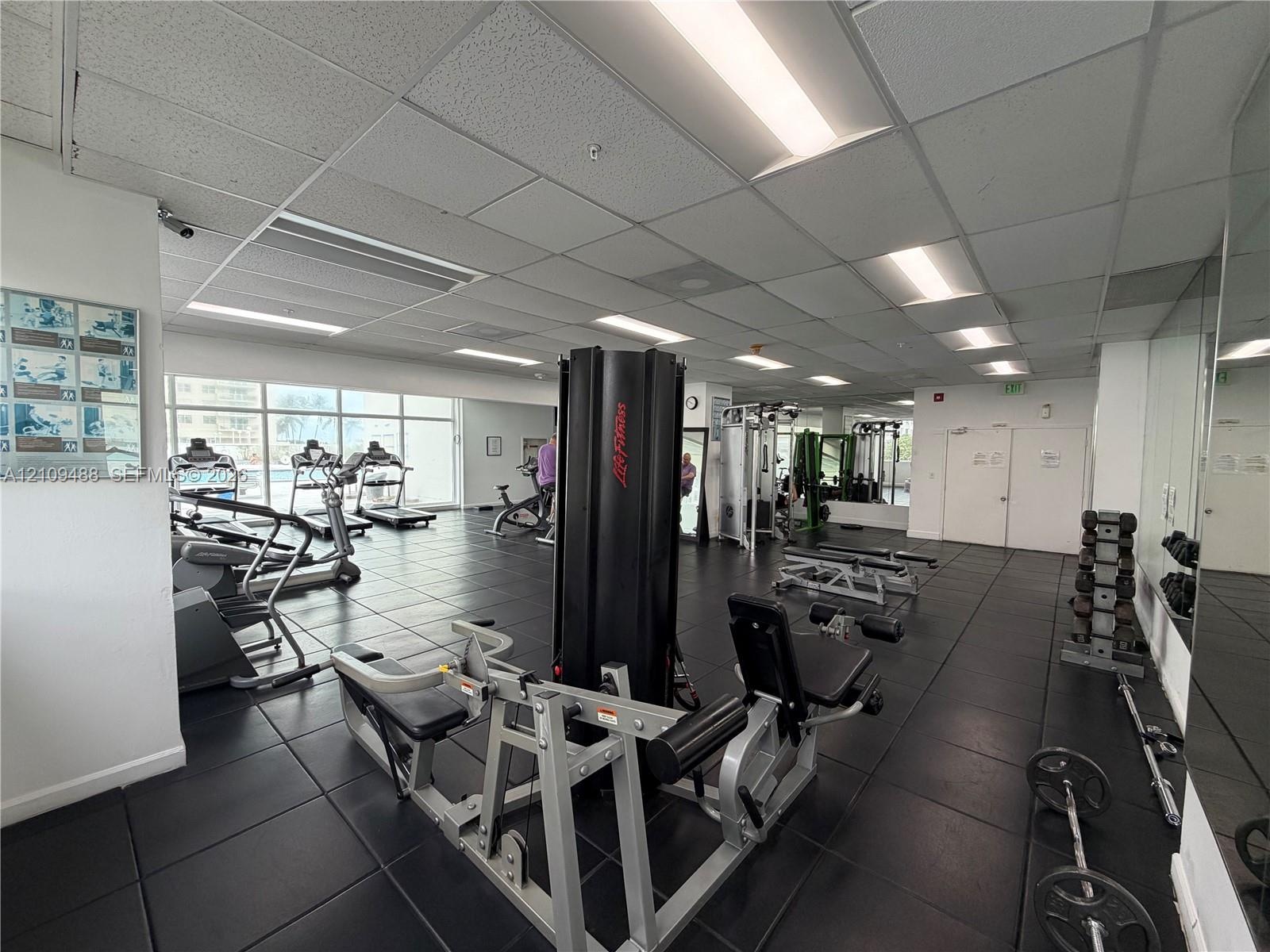 Fitness center featuring floor-to-ceiling mirrors, drop-ceiling grid lighting, large-format rubber flooring, and expansive windows