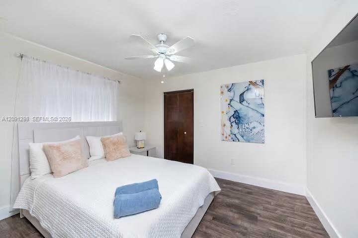 Room featuring wood-finish flooring, a white ceiling fan with integrated lighting, and dark-finish closet doors