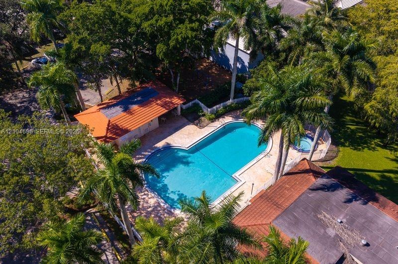 Swimming pool with integrated spa, stone-finish deck, and covered pavilion, surrounded by mature palm trees