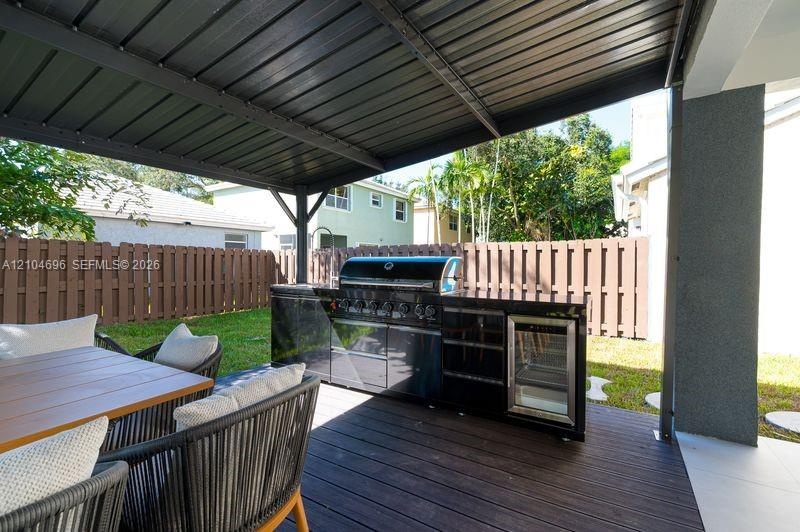 Covered patio featuring a wood-finish deck and an outdoor kitchen equipped with a stainless steel grill and a built-in beverage refrigerator, enclosed