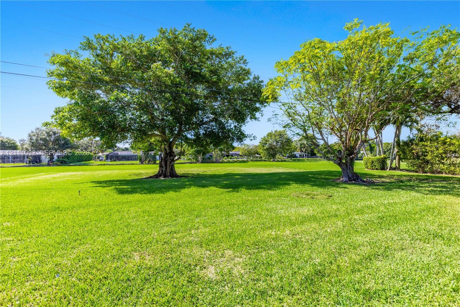 Expansive parcel of land featuring open grass coverage and mature, full-canopy trees