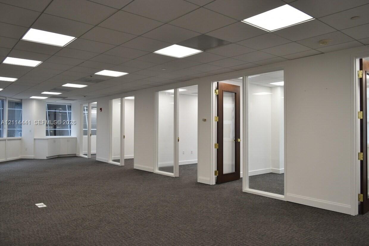 Open-concept office space featuring a drop ceiling with recessed panel lighting, floor-to-ceiling windows, neutral carpet flooring, and glass-paneled 