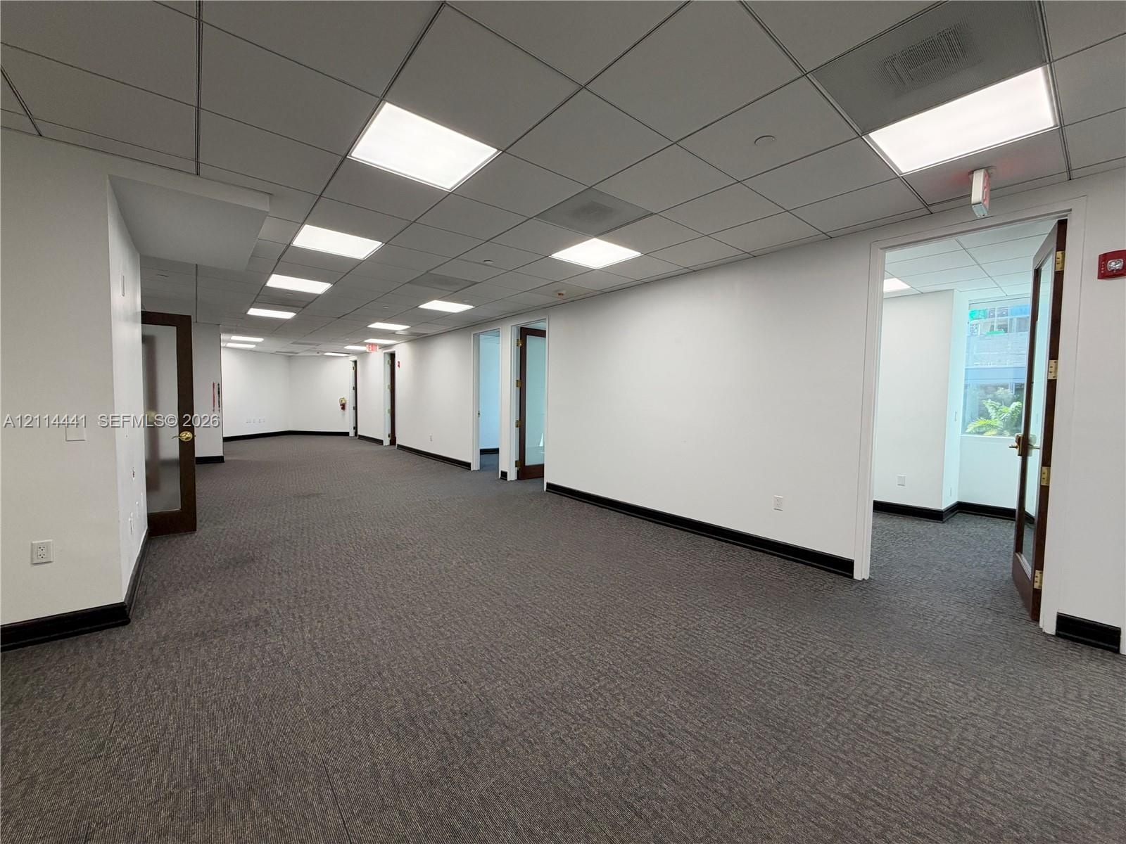 Open interior space featuring commercial-grade carpeting, recessed grid ceiling with integrated lighting, and multiple wood-trimmed glass panel doors