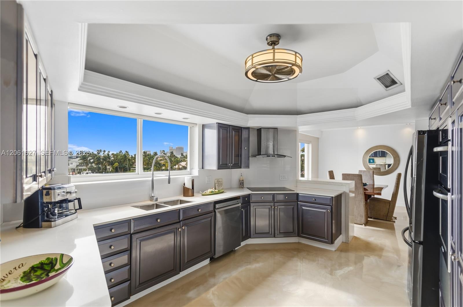 Kitchen featuring dark-finish cabinetry, stone-style countertops, stainless steel appliances, tray ceiling with integrated light fixture, and expansiv