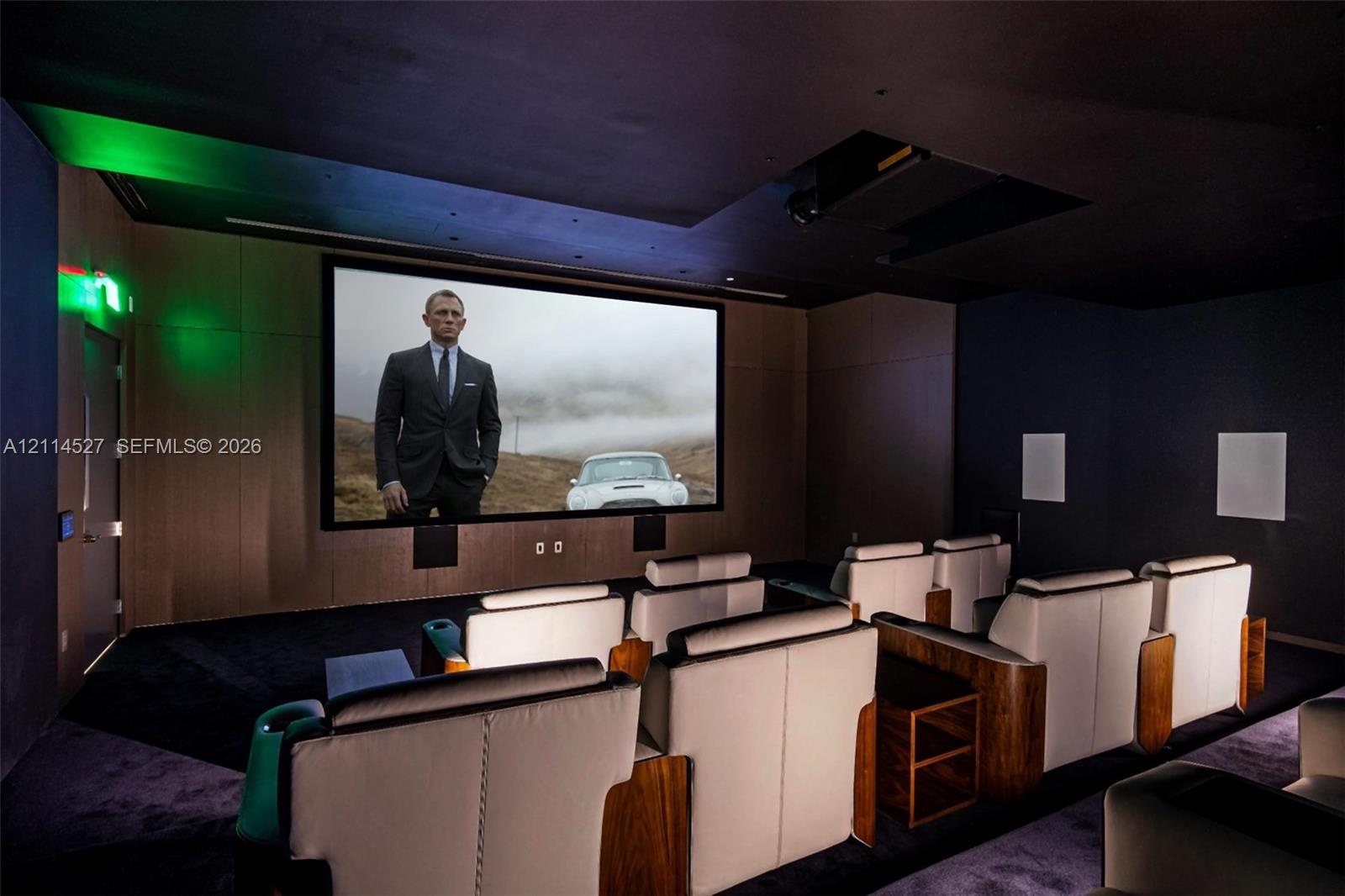 Dedicated media room featuring a large-format projection screen, dark-toned acoustic wall paneling, tiered flooring, and ceiling-mounted projection eq