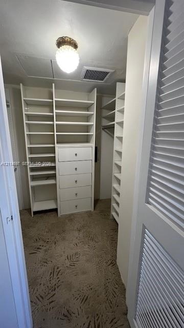 Walk-in closet featuring built-in shelving, a central five-drawer dresser, patterned carpeting, and a louvered door