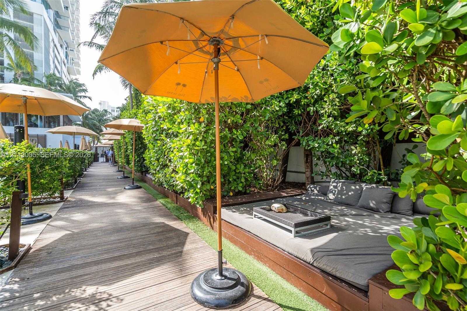 Wood-plank decking, manicured privacy hedges, and built-in timber platform seating
