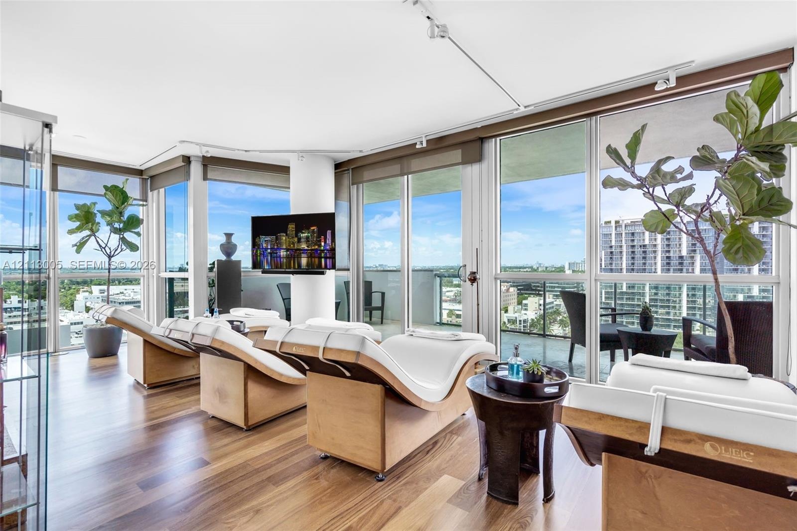 Floor-to-ceiling glass windows, wide-plank wood-finish flooring, track lighting, and private balcony access