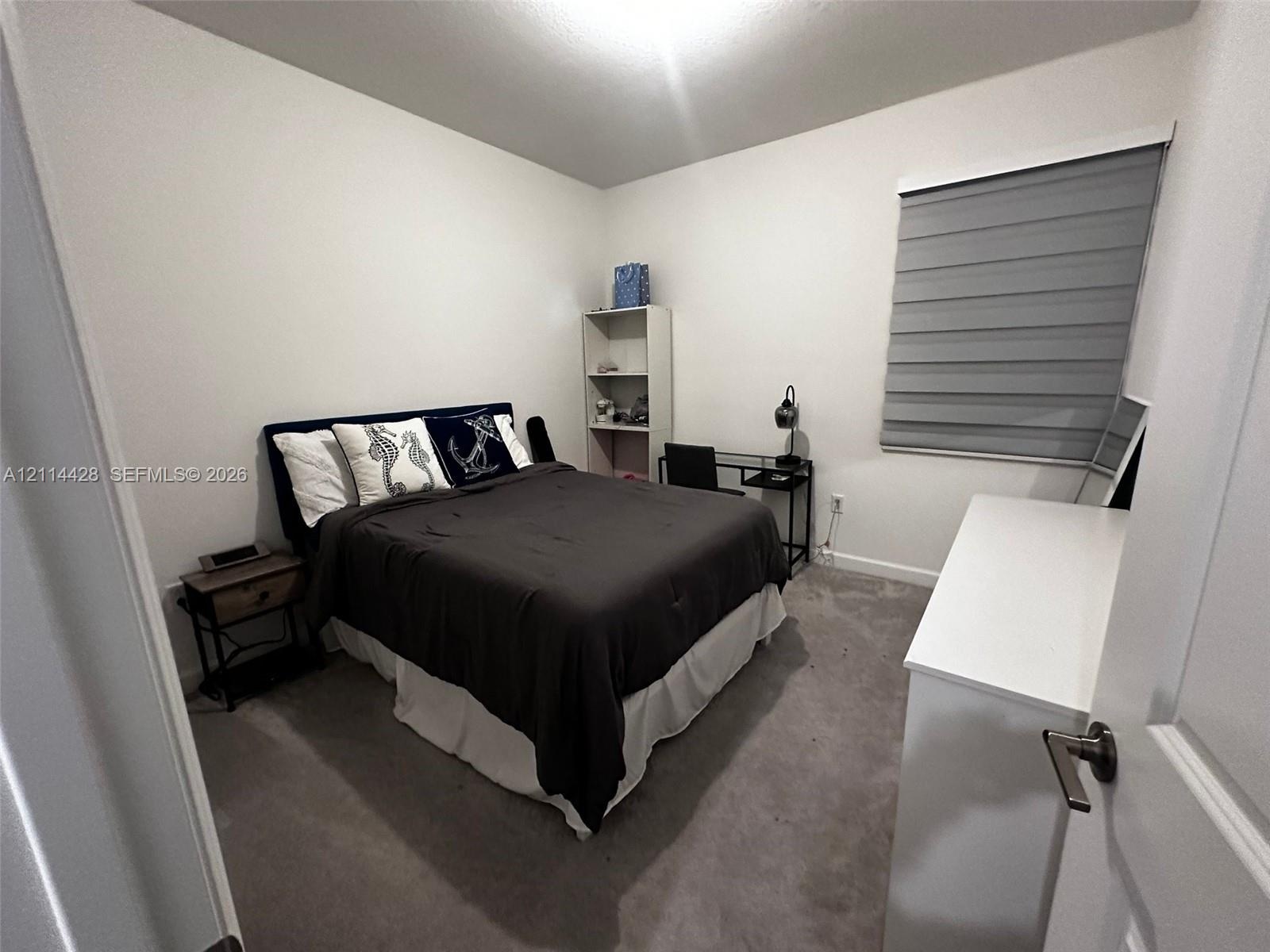Neutral-toned carpeted flooring, white walls, and a window featuring dual-layer grey roller shades