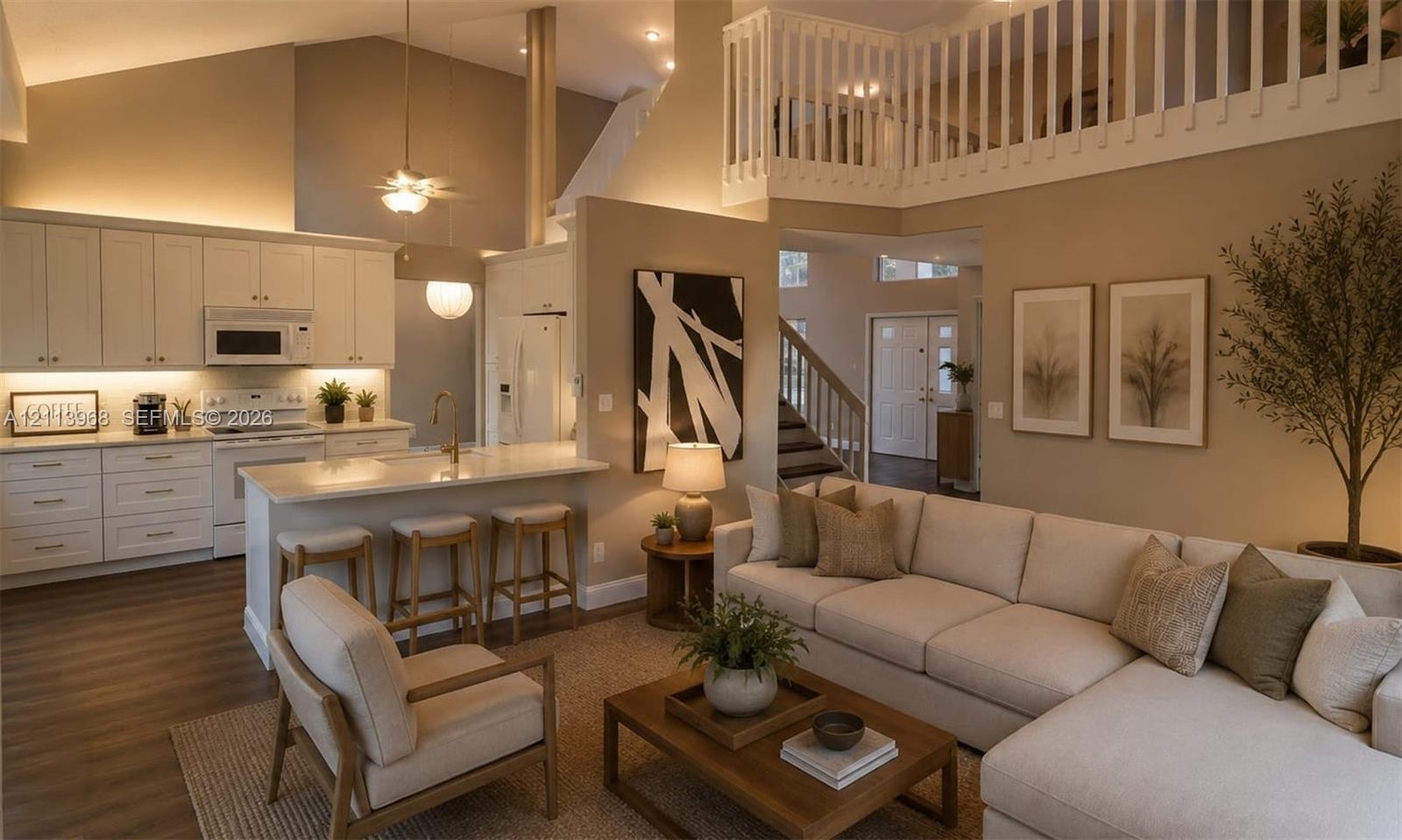 Vaulted ceilings with recessed lighting, kitchen featuring white shaker-style cabinetry, breakfast bar with stone-surfaced countertop, wood-finish flo