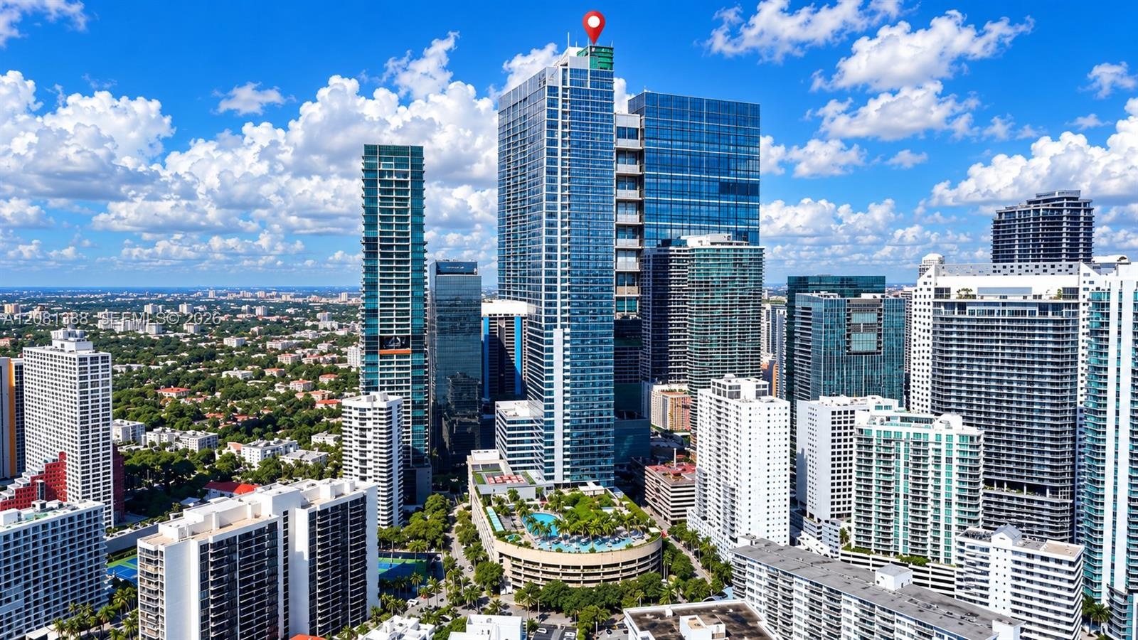 High-rise glass facade skyscraper featuring an elevated pool deck with lush landscaping, centered within a dense urban skyline