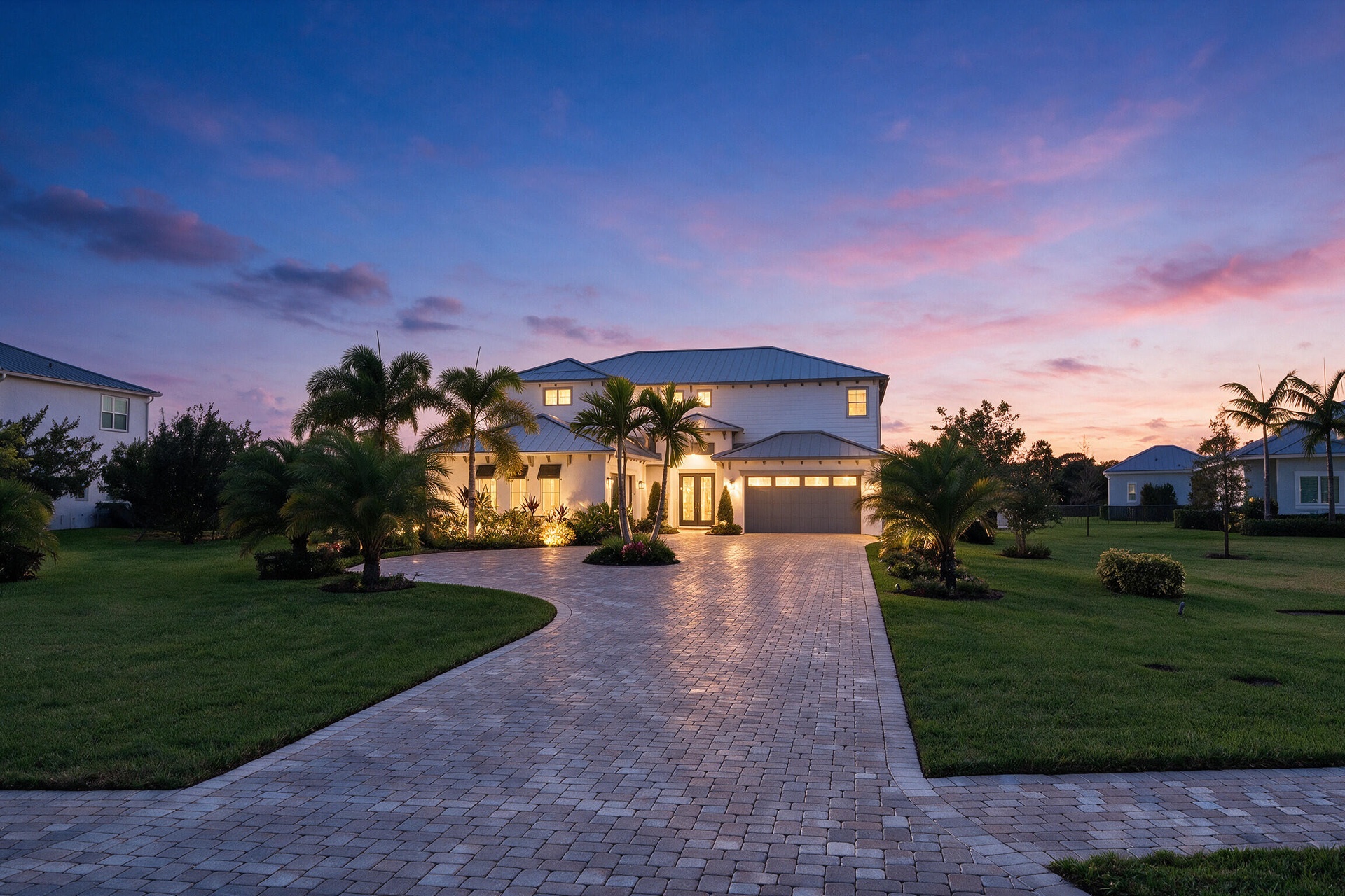 Two-story exterior featuring light-toned masonry, a multi-car garage, and an expansive paved driveway surrounded by mature palm trees and landscaped l