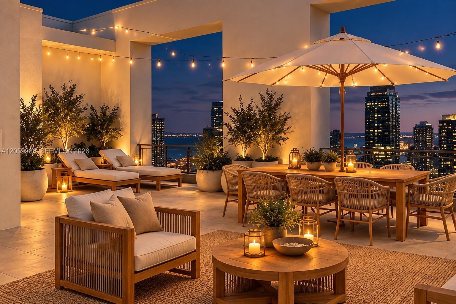 Expansive rooftop terrace featuring large-format tile flooring, perimeter structural pillars, and metal railings