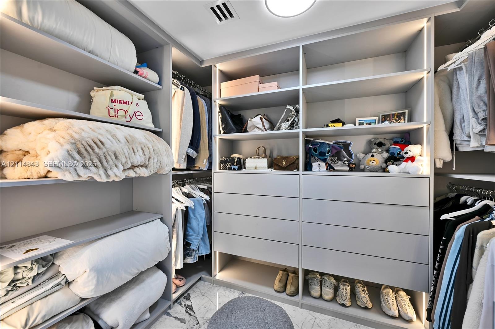 Walk-in closet featuring custom built-in cabinetry with integrated LED lighting, tiered shelving, multiple storage drawers, and floor-to-ceiling organ