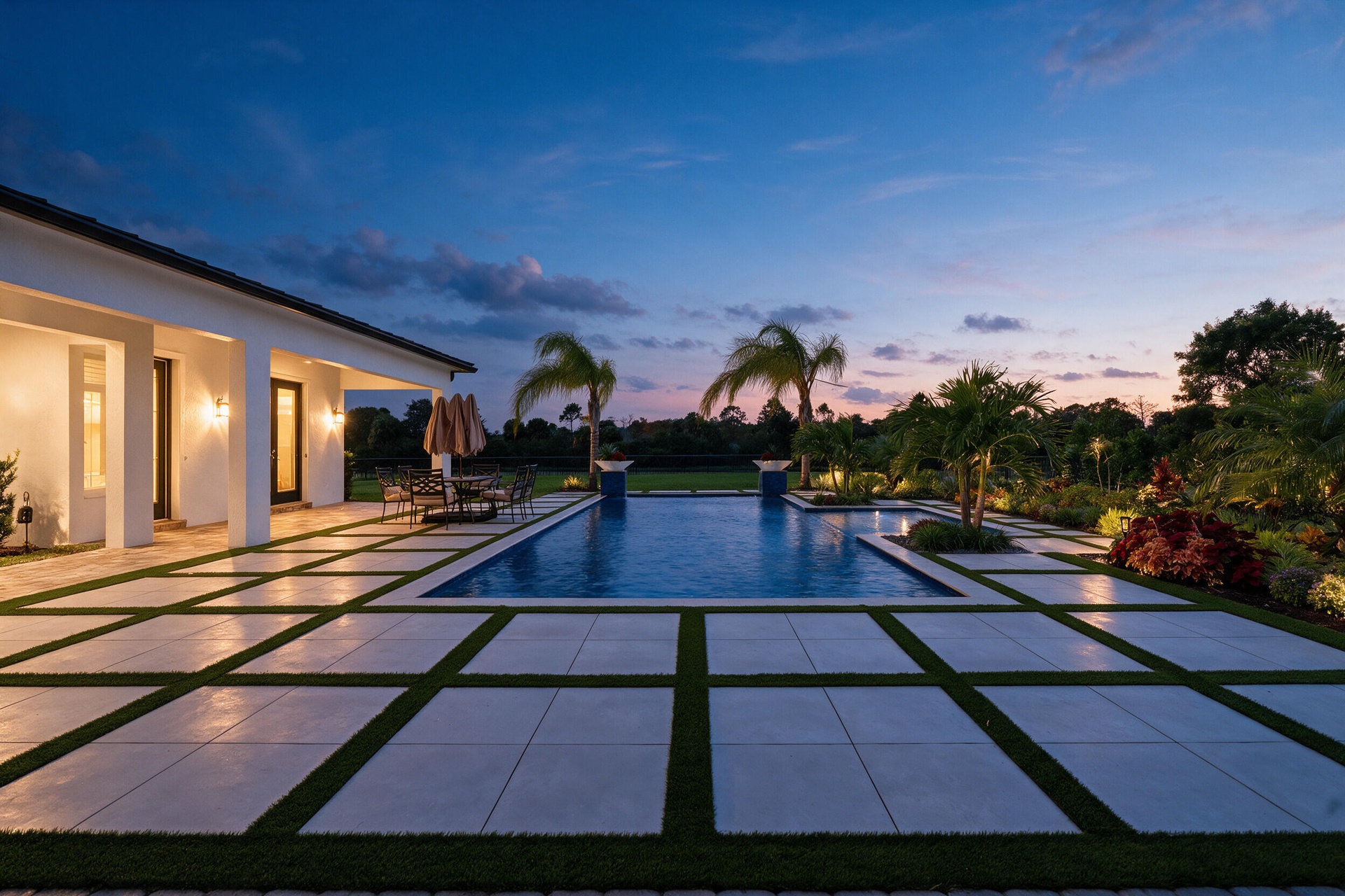 Spacious outdoor patio with large format pavers and synthetic turf inlays, featuring a rectangular swimming pool, integrated landscaping, and a covere