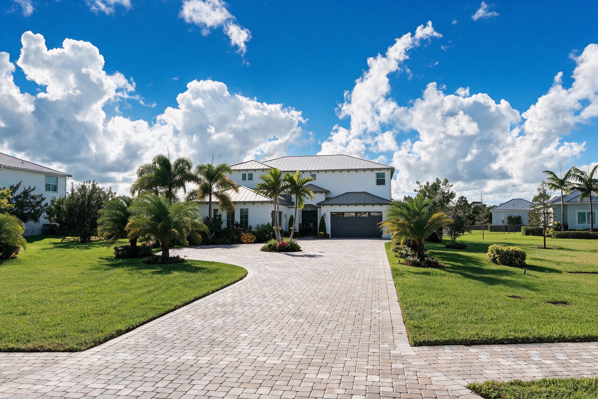Two-story exterior featuring white stucco siding, a metal roof, an attached garage, and a paver driveway set within a landscaped lawn