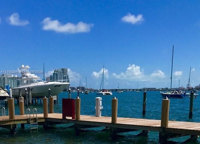 Private wooden dock featuring a boat lift, integrated utility pedestal, and metal ladder