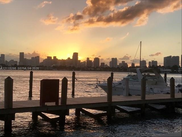 Waterfront dock featuring wooden decking and pilings with a cityscape skyline backdrop