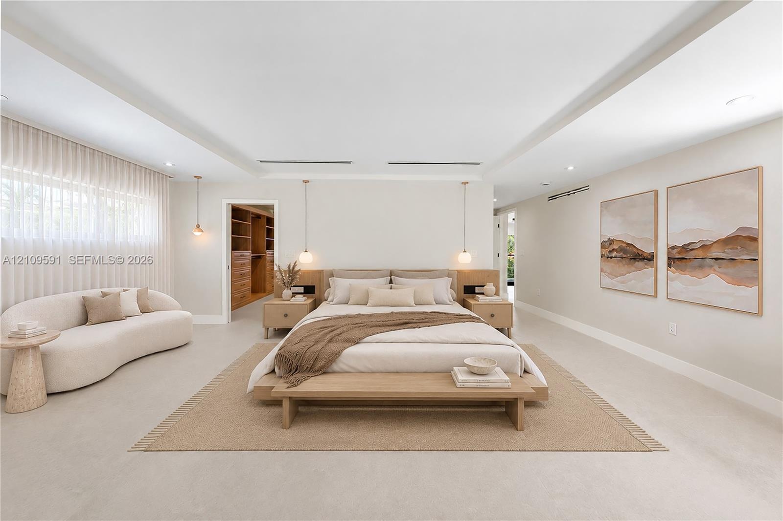 Virtually Staged: Spacious room featuring a recessed tray ceiling, neutral wall-to-wall flooring, built-in wooden headboard with integrated side table