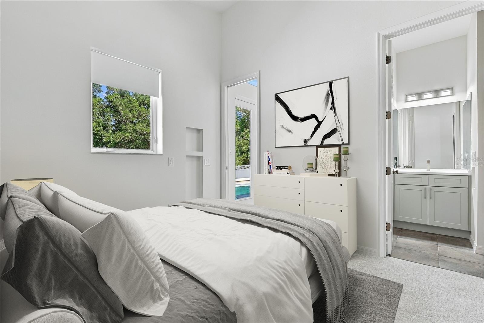Rear bedroom has an en-suite dully accessed bathroom suite with shower. Virtually staged.