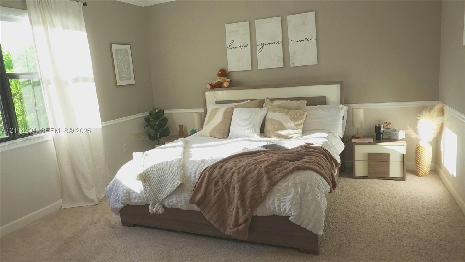 Neutral wall tones featuring mid-height chair rail molding, plush wall-to-wall carpeting, and a multi-pane window