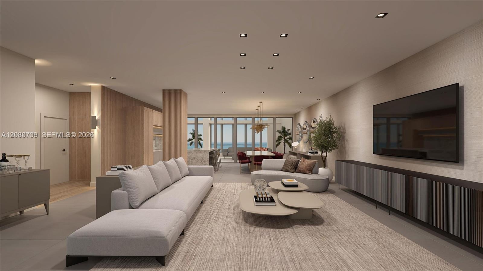 Open-concept interior featuring floor-to-ceiling glass paneling, a stone-clad kitchen island, integrated wood-finish cabinetry, recessed lighting, and