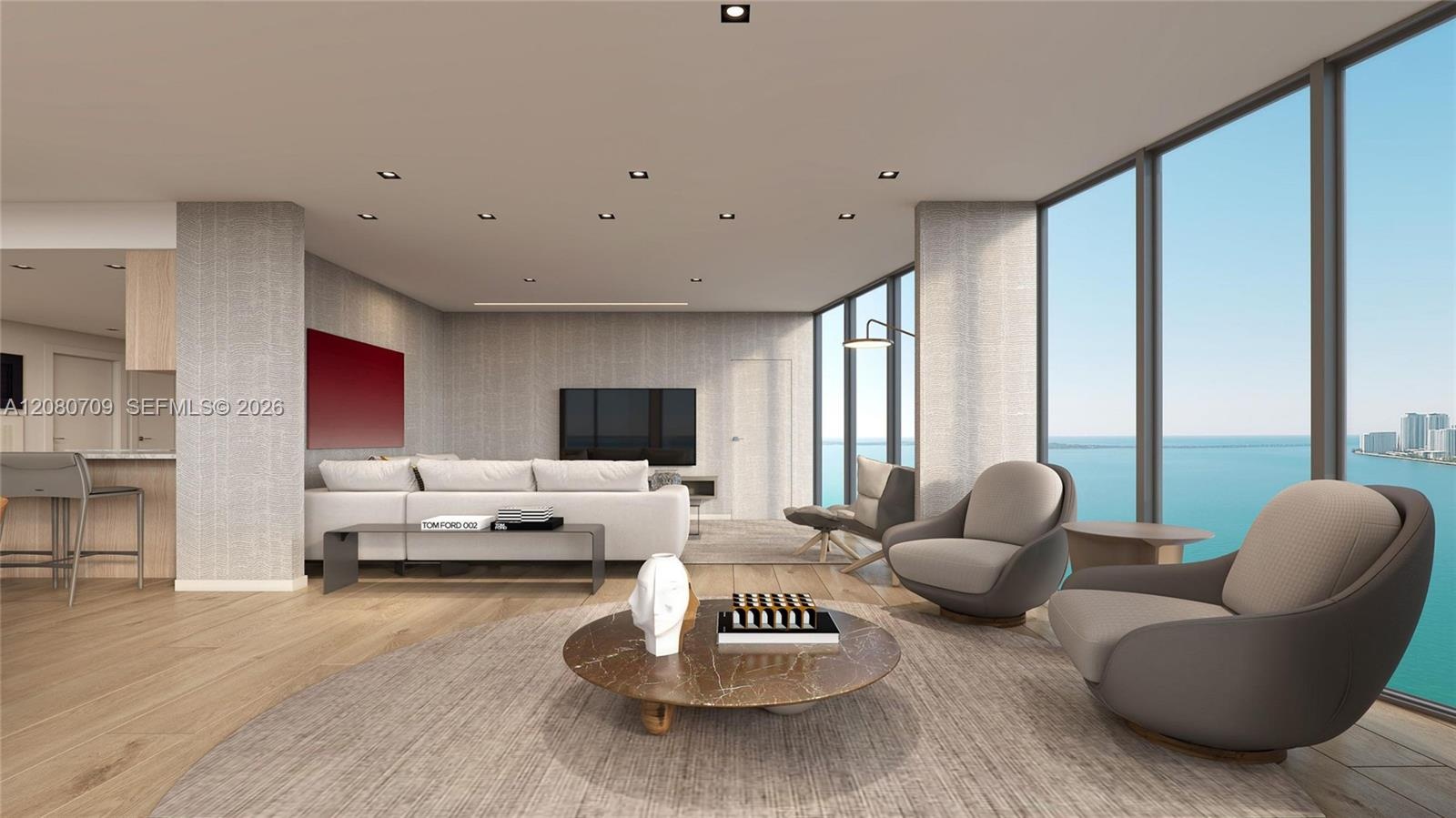 Open-concept interior featuring floor-to-ceiling glass walls, wood-finish flooring, a waterfall-edge stone kitchen island, recessed lighting, and buil