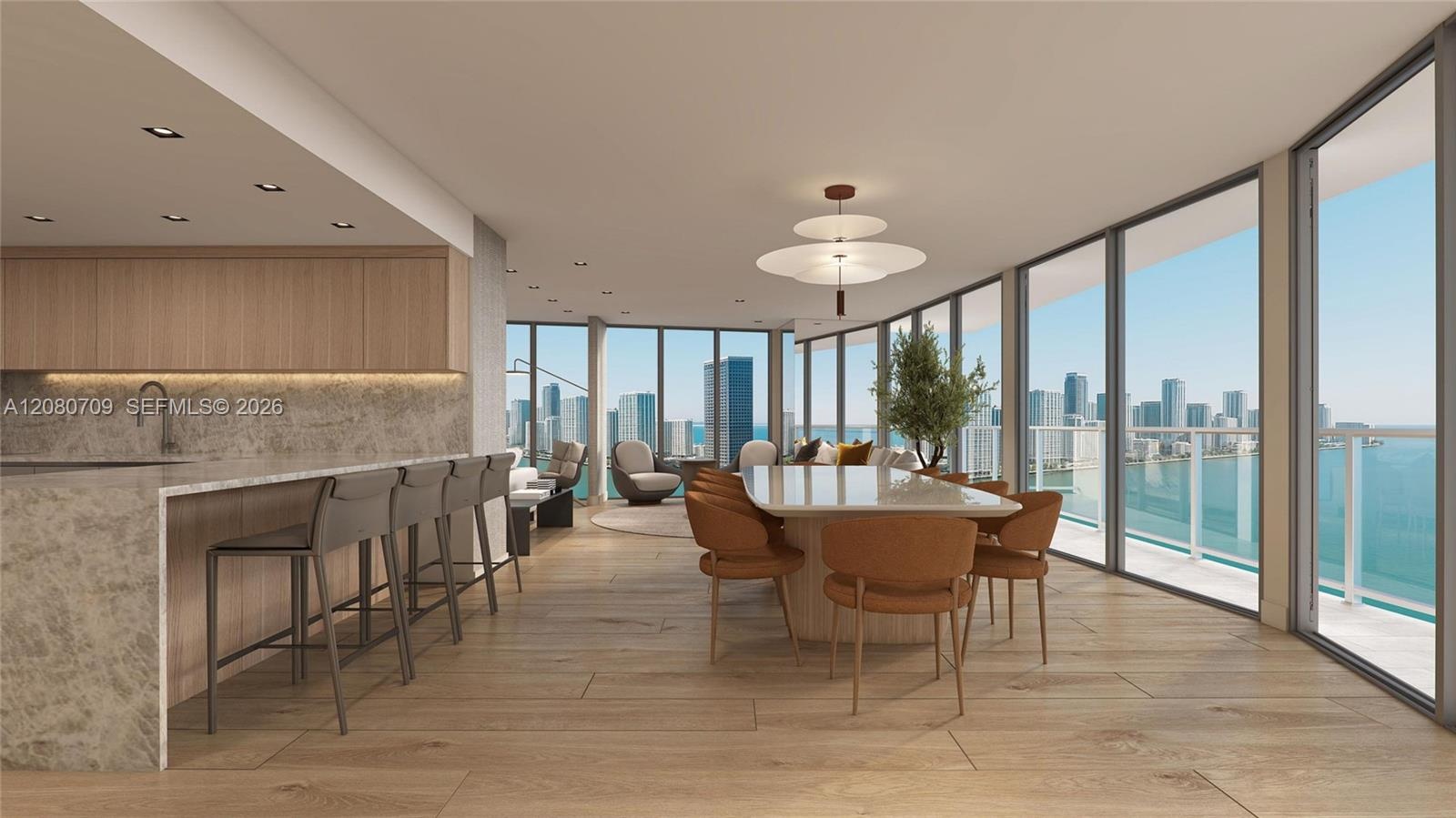 Living area featuring recessed ceiling lighting, a textured accent wall, integrated media cabinetry, floor-to-ceiling windows, and an exterior stone w
