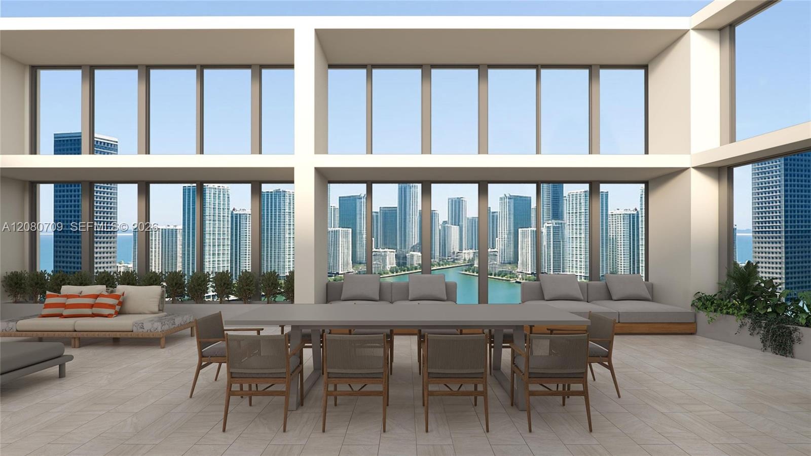 Covered terrace featuring floor-to-ceiling windows, tile flooring, and integrated built-in planters