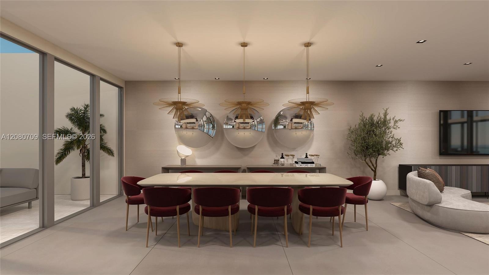 Floor-to-ceiling windows featuring panoramic water and city scenery, wood-finish flooring, recessed lighting, and textured wall coverings