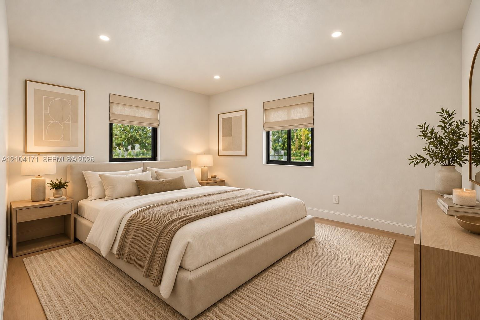 Neutral-toned room featuring recessed ceiling lighting, light wood-finish flooring, and black-framed windows