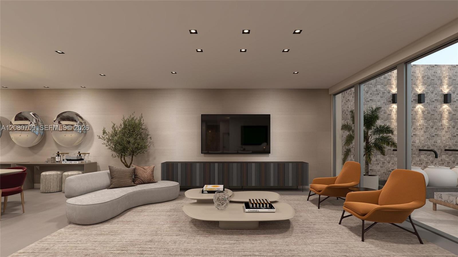 Floor-to-ceiling glass windows, wide-plank wood-finish flooring, recessed lighting, and wrap-around glass-paneled balcony