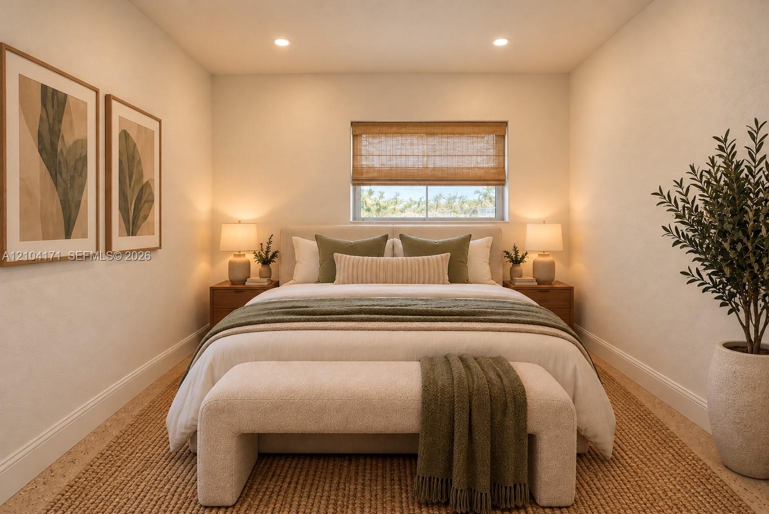 Neutral-toned room featuring recessed lighting, dual windows with black frames, and light-colored flooring