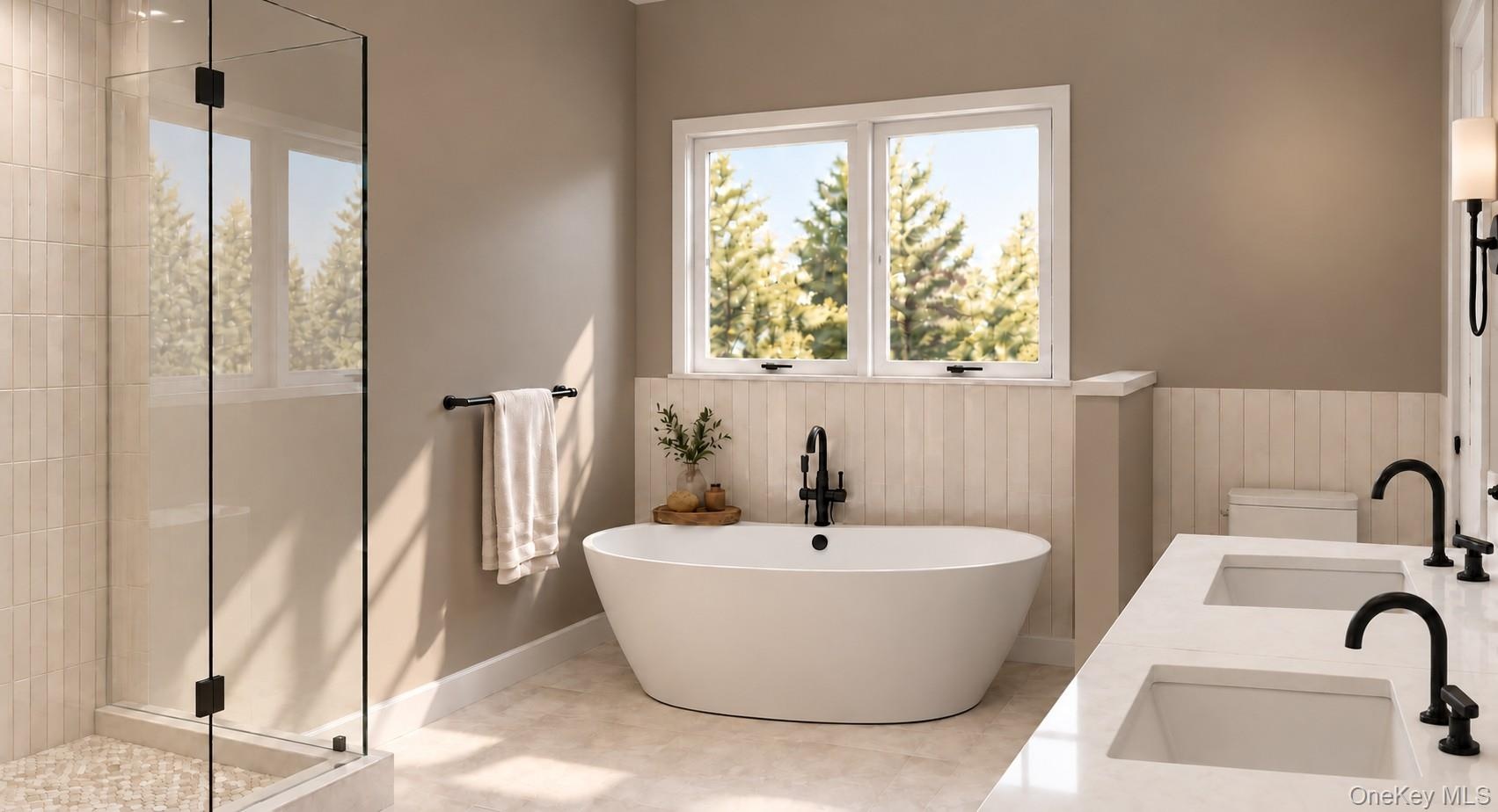 Primary Bathroom | Virtually Staged & Digitally Enhanced – Luxurious, spa-inspired retreat featuring a freestanding soaking tub, glass-enclosed shower
