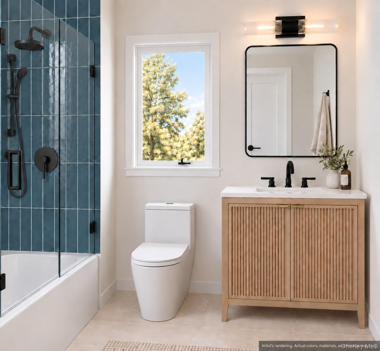 Hall Bathroom | Virtually Staged & Digitally Enhanced – Another view highlighting the beautiful wood vanity, sleek matte-black fixtures, and striking 