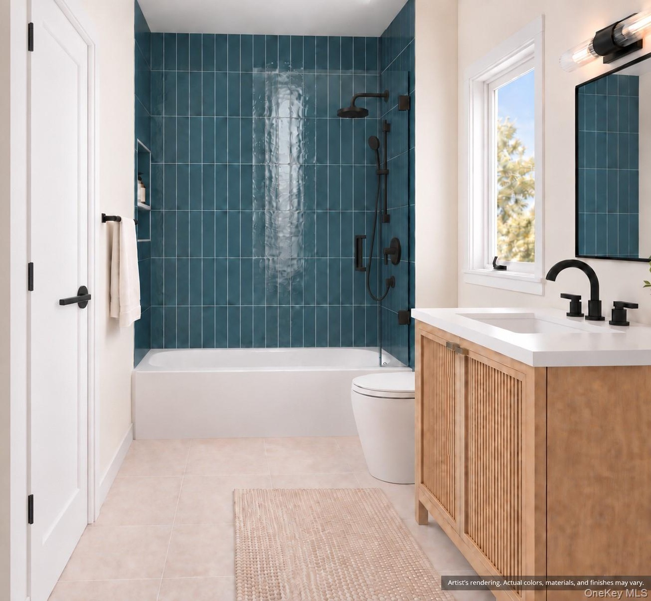 Hall Bathroom | Virtually Staged & Digitally Enhanced – Beautifully appointed full bath featuring striking blue tile, a tub/shower combination with ma