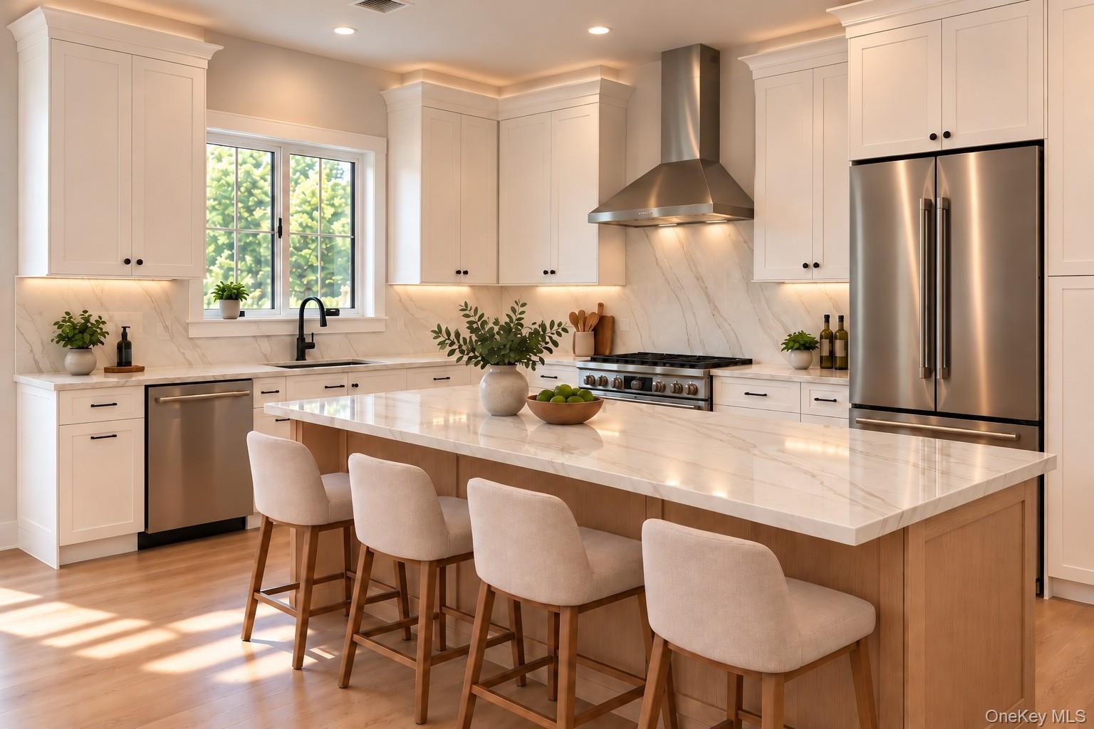 Gourmet Kitchen | Virtually Staged & Digitally Enhanced – Thoughtfully designed with custom cabinetry, exquisite quartz countertops and a full-height 
