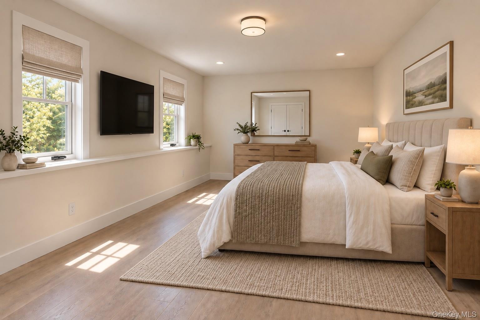 Lower Level Bedroom | Virtually Staged & Digitally Enhanced – Spacious, light-filled bedroom featuring beautiful white oak flooring, generous windows,