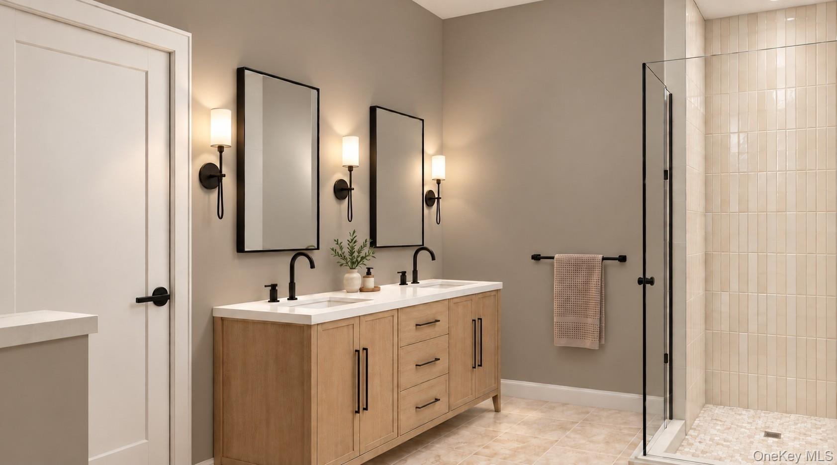 Primary Bathroom | Virtually Staged & Digitally Enhanced – Beautifully appointed with a spacious double vanity, elegant wood cabinetry, built-in medic