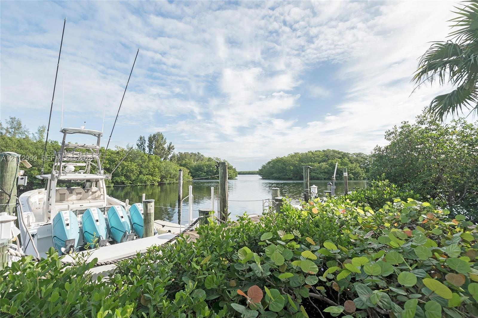 Waterfront property featuring a private boat dock, wooden pilings, and dense coastal vegetation