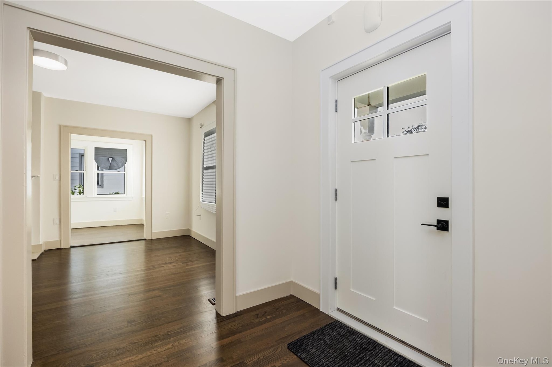 Entryway featuring a white door with glass inlay, matte black hardware, and dark wood-finish flooring