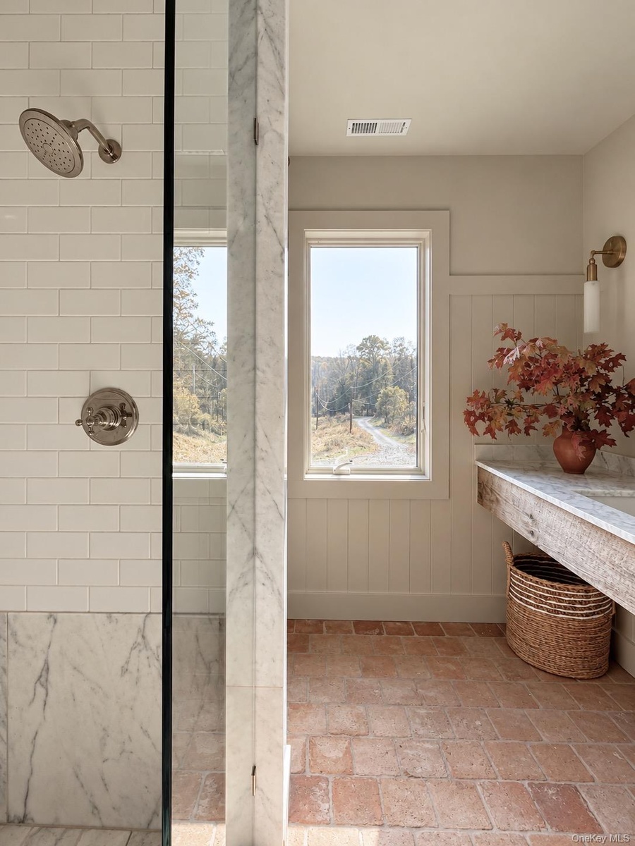 Bathroom Walk-in Shower with Marble & Subway Tile & Nickel Fixtures