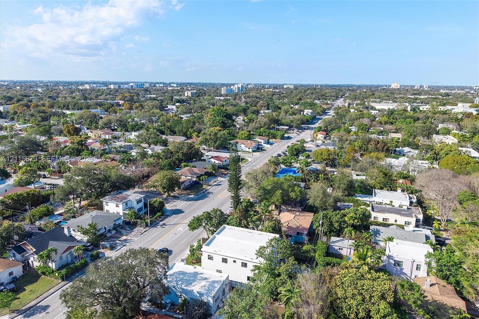 Aerial perspective of an established neighborhood featuring mature tree canopy, varied residential density, paved thoroughfares, and proximity to regi