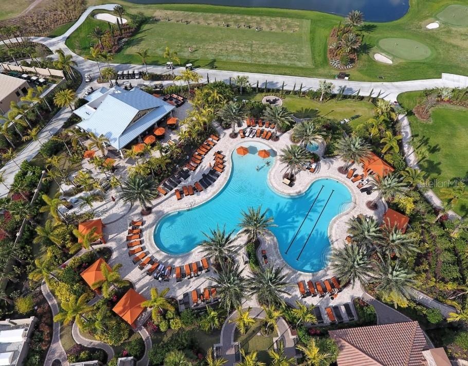 over view of resort pool and tiki