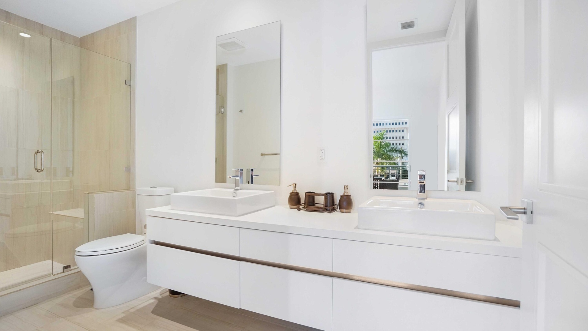 Primary bath with contemporary finishes