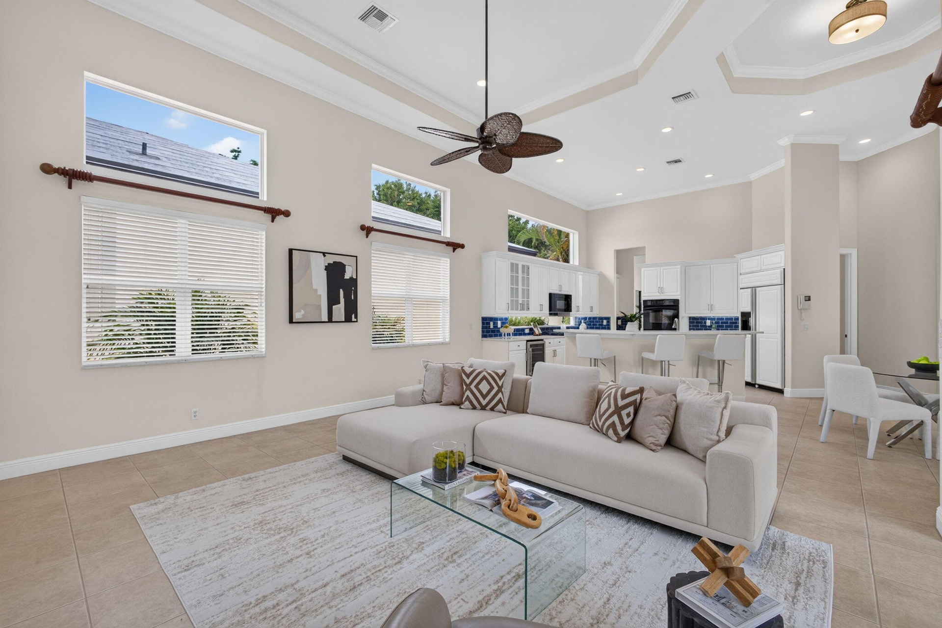 Open floor plan with family room adjacent to kitch